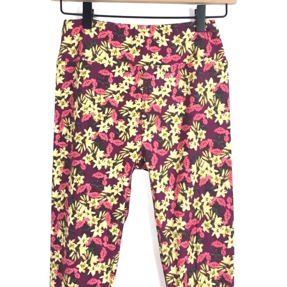 LULAROE Leggings OS One Size Floral Flowers Purple Pink Green Yellow Retro Mod - Picture 3 of 9